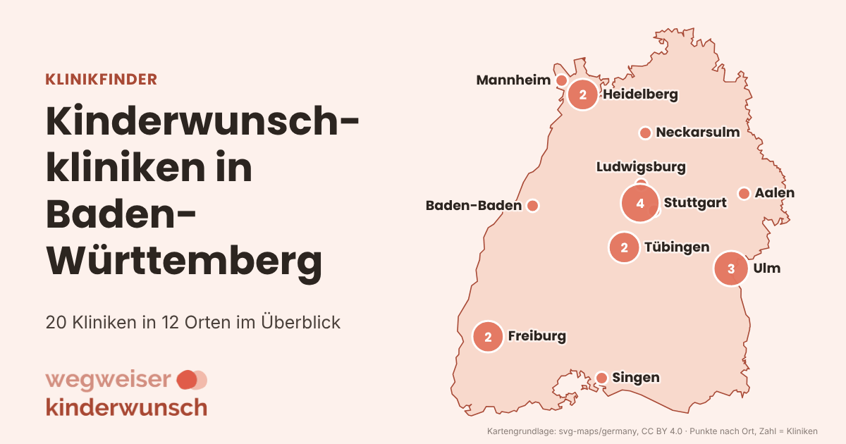 Karte: 20 Kinderwunschkliniken in Baden-Württemberg, nach Orten