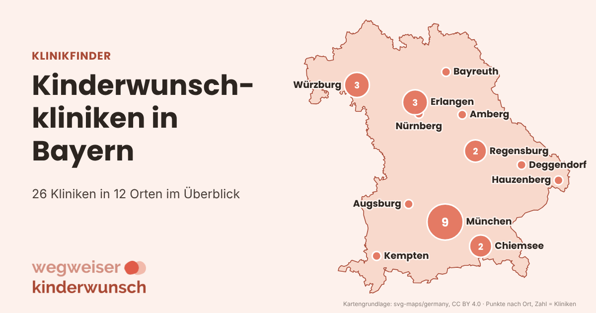 Karte: 26 Kinderwunschkliniken in Bayern, nach Orten