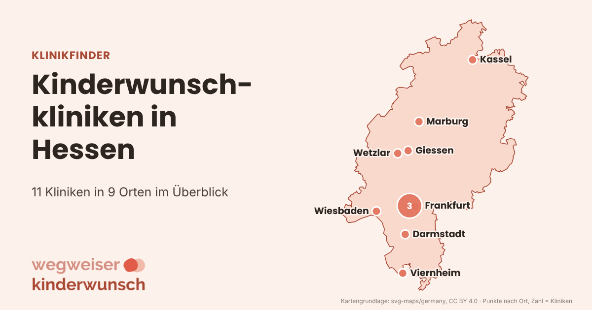 Karte: 11 Kinderwunschkliniken in Hessen, nach Orten