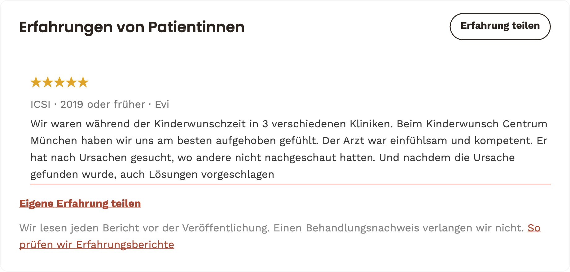 Ausschnitt einer Klinikseite im Klinikfinder: Erfahrungsbericht mit fünf Sternen und Button „Erfahrung teilen“
