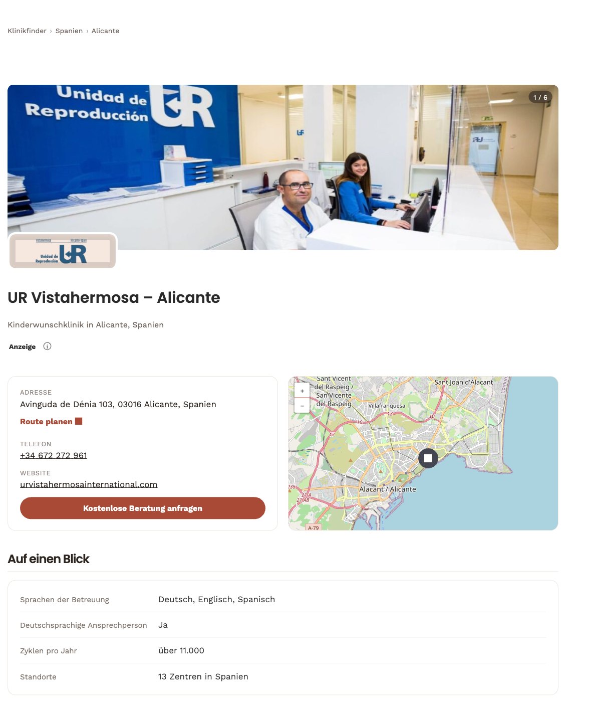 Beispiel eines Premium-Profils im Klinikfinder: UR Vistahermosa in Alicante mit Titelbild, Kontaktdaten, Karte und „Auf einen Blick“